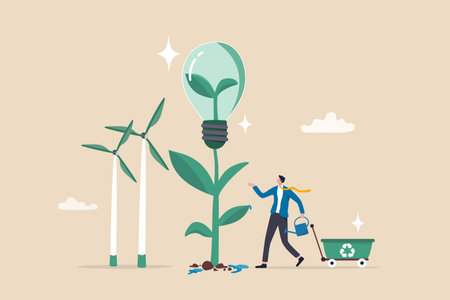 Sustainability business, ESG environmental social governance, green or clean energy, eco friendly ecology to help climate change, recycle concept, businessman pouring ecology plant with clean energy.のイラスト素材