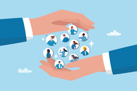 Customer retention, marketing strategy for customer loyalty, employee engagement, recruitment or human resource hiring, consumer care or benefit concept, businessman hand holding customer with care.のイラスト素材