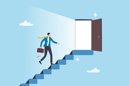 Career opportunity, doorway to success, solution or hope for aspiration, entering opening door for new career chance, possibility concept, businessman walk staircase to find opening opportunity door.のイラスト素材
