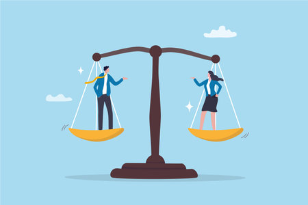 Gender equality, workplace fairness, justice or law, diversity corporate employee, comparison or balance scales, equilibrium concept, businessman and businesswoman colleagues on balance equal scales.のイラスト素材