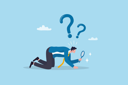 Detect or discover fact, information or analysis, curiosity, research or search in details, exploration or finding solution concept, businessman detective looking through magnifying glass searching.のイラスト素材