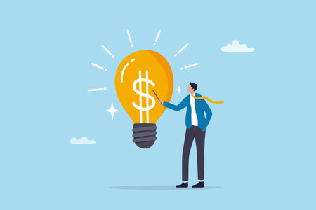 Idea pitching, startup idea or entrepreneurship funding, venture capital meeting, business idea to make money presentation, investment discussion concept, businessman present money idea lightbulb.のイラスト素材
