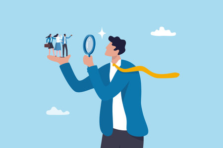 Analyze candidate, employee performance review, evaluation or analysis, choose recruitment applicants, staff or finding right person for job concept, businessman analyzing employee or job candidates.のイラスト素材