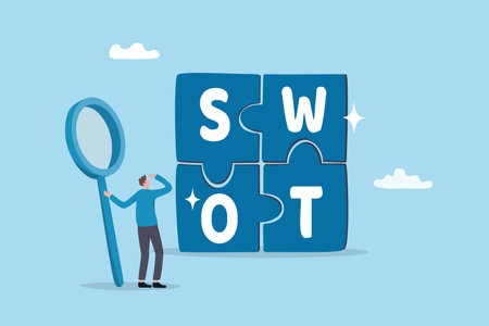 SWOT analysis, analyze strength, weakness, opportunity and threat to win market competition, improve product by SWOT matrix, benchmark or measurement, businessman magnify analyze SWOT business jigsaw.のイラスト素材