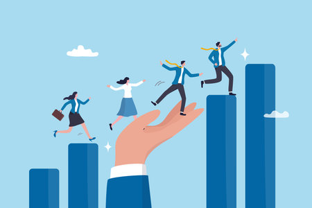 Growth assistance, support or help to success, growing business, career path or leadership helping employee achievement, manager support concept, businessman hand help people climb growth graph.のイラスト素材