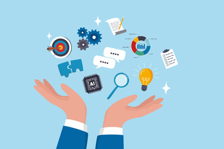 Skill, work experience or ability development, expertise success, leadership or communication to success, learning skills, wisdom concept, businessman hand hold multiple skills set to achieve success.のイラスト素材