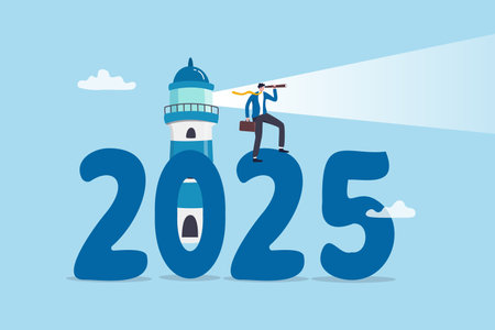 New year 2025 business outlook, planning or strategy to success, vision or forecast, year begin anticipation, improvement or progress concept, businessman on year number 2025 look through telescope.のイラスト素材