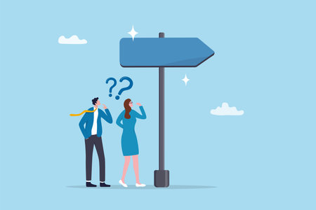 Doubt, unsure or uncertainty, decision to go right way, confusion, problem or choose direction, contemplation for career opportunity concept, business people think with question mark to go right way.のイラスト素材