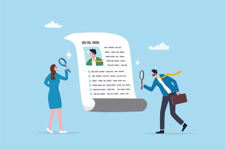Recruitment, review candidate resume, talent seeker or HR human resource examine applicant, employee or job description, employment or job vacancy concept, business people review candidate resume.のイラスト素材
