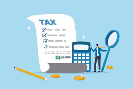 Tax planning, financial strategy for tax optimization, reduction or refund, income or revenue management, taxation or calculation concept, businessman with magnifying glass analyze tax plan document.のイラスト素材