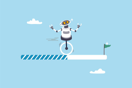 AI artificial intelligence implementation progress, adoption or evolution to improve AI innovation, learning or change to optimize success concept, smart AI robot run on progress bar to reach target.のイラスト素材