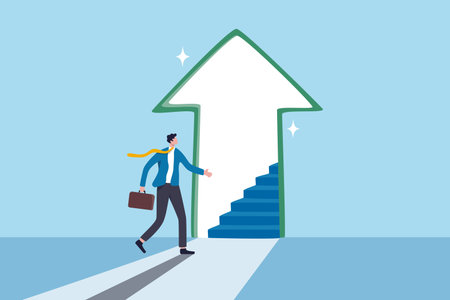 Stairway to new opportunity, success path or open door to career chance, leadership improvement, progress or solving problem concept, businessman open arrow up door to walk up stair to success.のイラスト素材