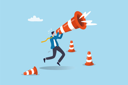 Communicate urgent message, warning or danger alert, broadcast announcement, attention or loudspeaker screaming advertising concept, businessman shouting loud voice message on big safety pylon.のイラスト素材