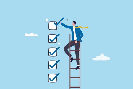 Criteria checklist report, evaluation list, complete checkbox, finish work, to do list or task done, quality assurance control, checkmark concept, businessman put tick on completion checklist.のイラスト素材