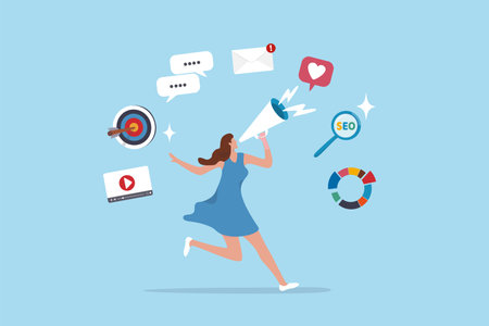 Marketing strategy, communication for online website, social media or market research, advertising, seo optimization or marketing campaign concept, woman speak on megaphone with marketing elements.のイラスト素材