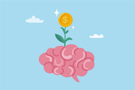 Money attitude, investing mindset or financial knowledge, wealth inspiration, investment brain, wisdom or inspiration, rich or profit growth concept, brain with grow seedling with money dollar coin.のイラスト素材