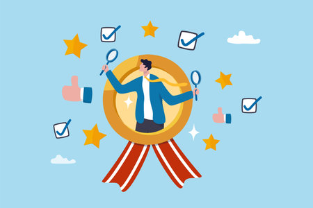 QA quality assurance or quality control to approve or guarantee customer trust and confidence, policy commitment, customer satisfaction concept, businessman with magnifier to assure product quality.のイラスト素材