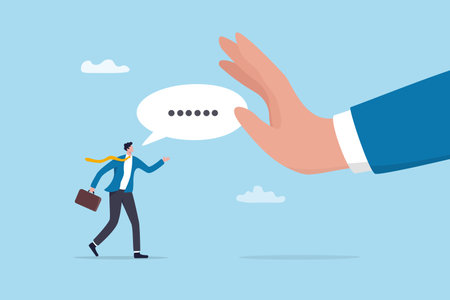 Rejection, decline or refuse in conversation, say no or disapprove, disagreement, deny request or manager decision authority, work conflict concept, businessman hand reject or deny employee request.のイラスト素材