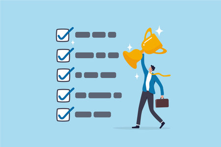 Habits or routine to success, checklist or factors to succeed and achieve goal, winner progress, planning, procedure or process concept, success businessman holding winner trophy with habit checklist.のイラスト素材