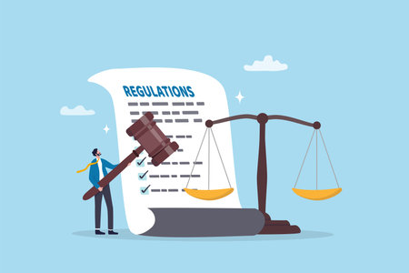 Regulations, law or rules, authority, legislation or government lawsuit, legal document justice or courthouse, verdict or punishment concept, businessman hold gavel with scale and regulation document.のイラスト素材