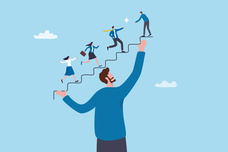 Support employee to reach success and career growth, mentor or coaching help employee engagement, working community, teamwork or career development, businessman manager help colleague growing stair.のイラスト素材
