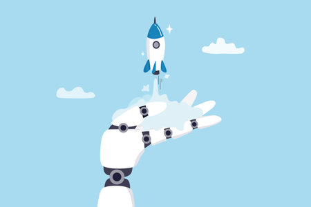 Innovation technology, AI artificial intelligence robot, machine learning project for automation system, innovative algorithm assistance, breakthrough creation concept, robot hand launch new rocket.のイラスト素材
