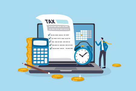Tax online payment on computer laptop, income tax calculation deadline, refund or revenue paperwork, financial duty concept, businessman on tax calculation payment with calendar date computer laptop.のイラスト素材