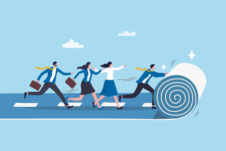 Leadership to lead team career path, business strategy development, effort or ambition to progress work success, motivation achievement, businessman rolling career path for team colleague to follow.のイラスト素材