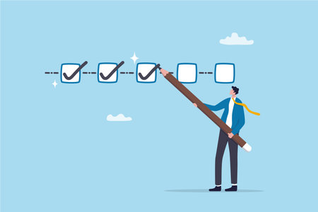 Project tracking, finishing or development completion progress, project timeline or task workflow, productivity or efficiency concept, businessman project manager tick project checklist progress.のイラスト素材
