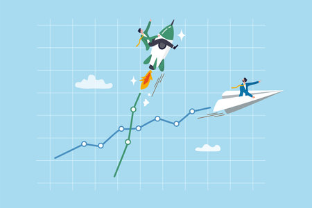 Boost performance, improvement or growth with fast speed progress, self development or marketing and investment, increase efficiency fast concept, businessman riding fast rising speed rocket on graph.のイラスト素材