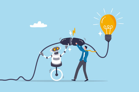 AI Artificial Intelligence support to business success, innovation or technology to get new idea, robot or automation for business concept, businessman plug in lightbulb with robot to work together.のイラスト素材