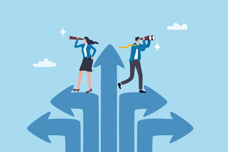 Vision to see success direction in uncertainty, change or leadership to make decision, planning or discovery challenge, search for opportunity, businessman woman look through telescope and spyglass.のイラスト素材