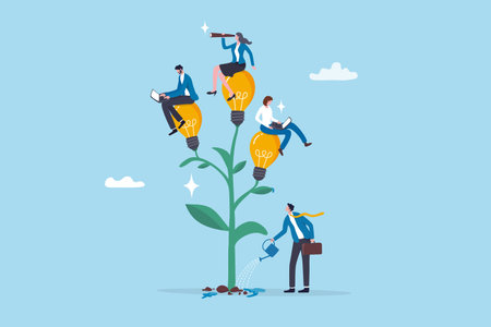 Career development planning, manager assist or coaching for career growth, mentor or support to help employee growing, improvement, businessman watering growing plant with employee career growth.のイラスト素材
