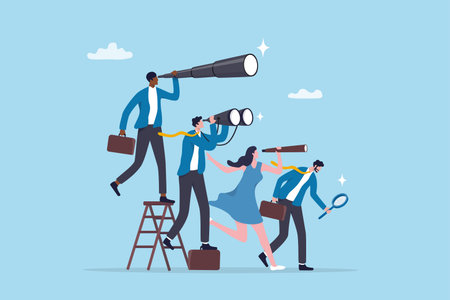 Discover or finding opportunity, searching for new career, job or possibility, finding new job, candidates or insight concept, business people look through spyglass, telescope to see opportunity.のイラスト素材