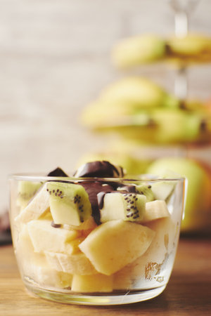 fruit healthy glass with chocolateの写真素材
