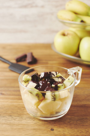 fruit healthy glass with chocolateの写真素材