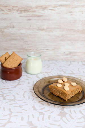 Sweet milk cake on white backgroundの写真素材