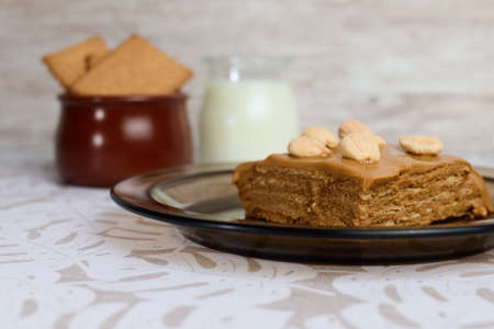 Sweet milk cake on white backgroundの写真素材