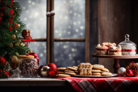Delight in the holiday spirit with beautifully decorated Christmas cookies set against a festive background, with copyspaceの素材