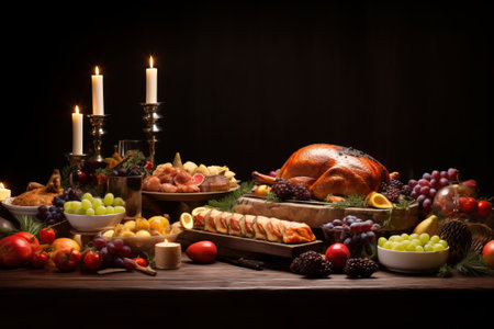 A selection of delicious Christmas dishes and treats beautifully arranged in an elegant still life against a black background. Celebrate the holidays with flavor and styleの素材