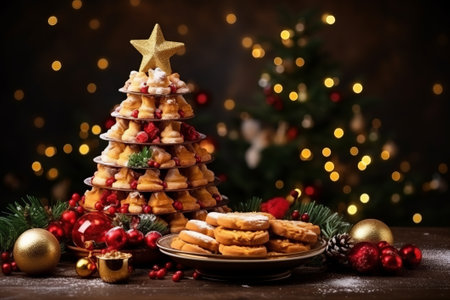 Delight in the holiday spirit with beautifully decorated Christmas cookies set against a festive background, with copyspaceの素材
