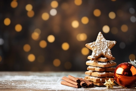 Delight in the holiday spirit with beautifully decorated Christmas cookies set against a festive background, with copyspaceの素材