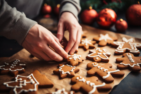 Skillful hands at work, crafting traditional gingerbread cookies with love and care, perfect for the holiday seasonの素材
