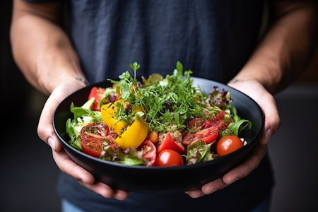 Hands presenting a healthy plate of fresh salad with vivid colorsの素材