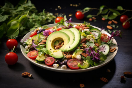 Elevate your culinary experience with this enticing stock photo featuring a healthy salad brimming with freshness and flavor.の素材
