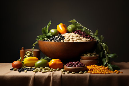 Embark on a visual feast with this captivating stock image showcasing a vibrant still life arrangement of assorted legumes.の素材