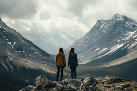 In this evocative stock photo, a couple stands side by side, gazing at the expansive mountain landscape stretching before them. Their backs to the viewer, the pair embodies the spirit of adventure, facing the unknown with courage and unity. The vastness of the mountains mirrors the boundless possibilities that await those who dare to explore. This image captures the essence of shared exploration and the beauty found in embracing the grandeur of nature together.の素材