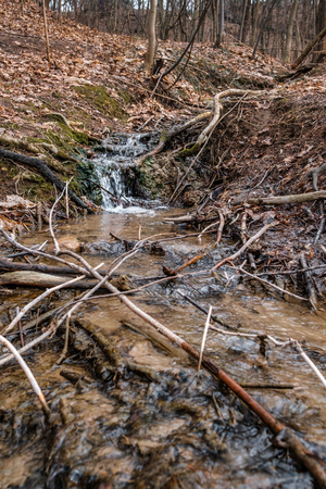 A small waterfall in a natural creek area , running rapid with spring snow melt.の写真素材