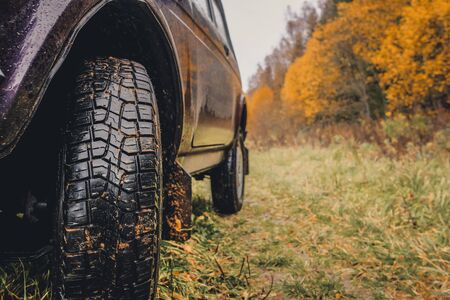 Wheels of an SUV on wet, fading grass at the edge of a forest in the Russian outback on a cloudy autumn day. Adventures to overcome the inaccessible forests.の写真素材
