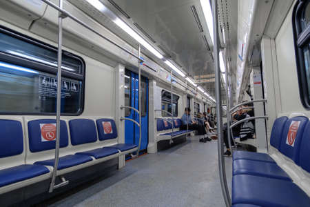 Moscow. Russia. September 26, 2020. The interior of the half-empty carriage of the Moscow metro...
